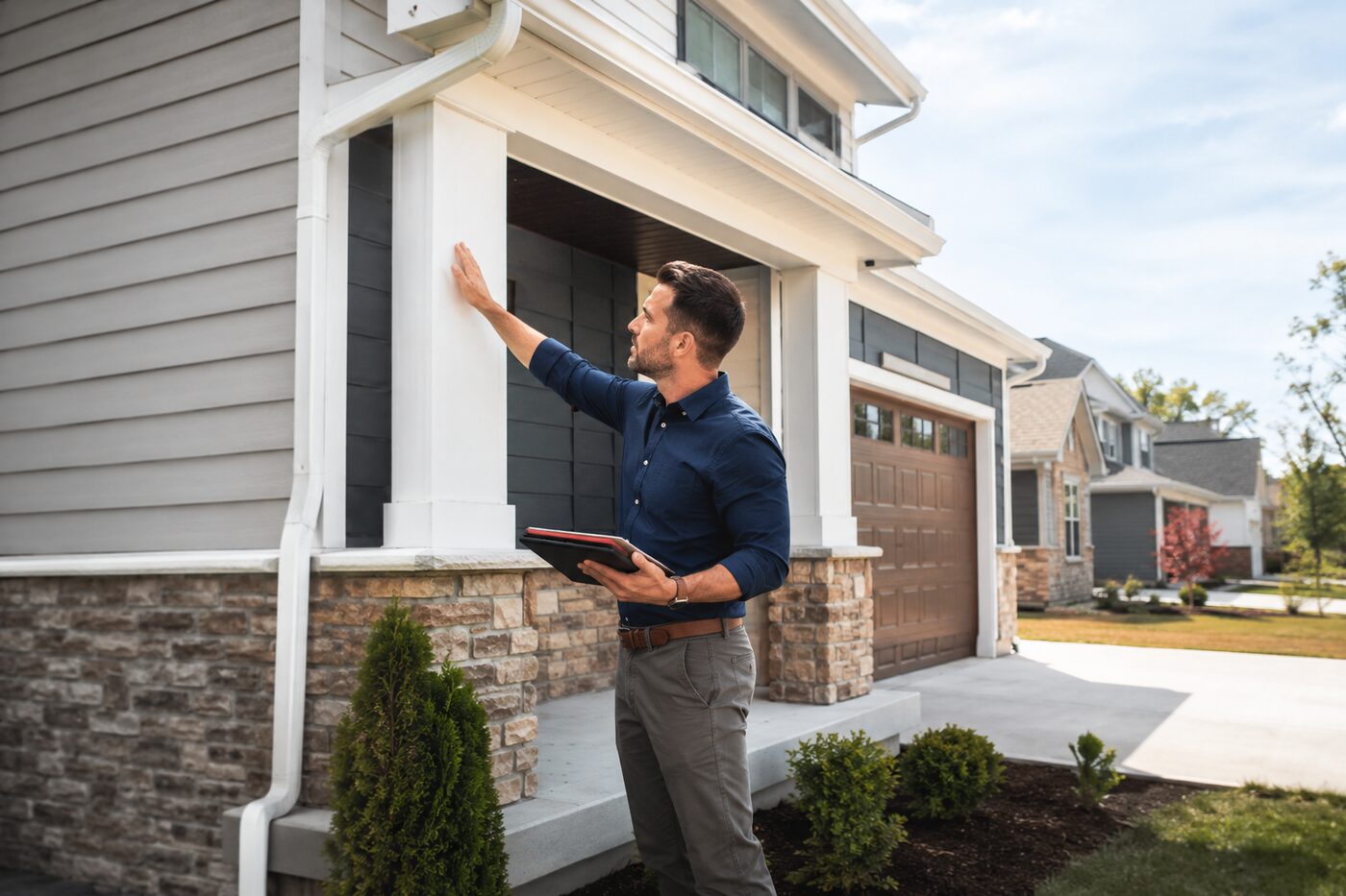 A homeowner advocate inspecting exterior trim on a modern home.